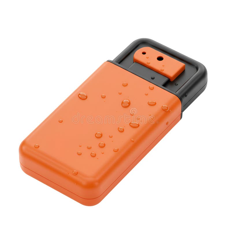 A close up shot of an orange and black waterproof case covered in water droplets on a white background stock illustration