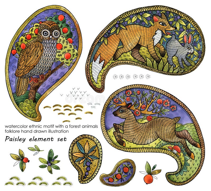 Waterverf etnisch motief met bosdieren folkloreillustratie het elementenreeks van Paisley royalty-vrije illustratie Waterverf etnisch motief met bosdieren folkloreillustratie het elementenreeks van Paisley royalty-vrije illustratie