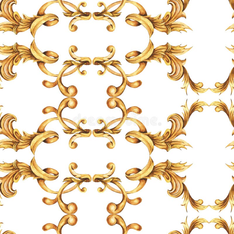 Waterverf gouden barok naadloos patroon, de textuur van het rococo'sornament Hand getrokken gouden rollen, bladeren stock illustratie Waterverf gouden barok naadloos patroon, de textuur van het rococo'sornament Hand getrokken gouden rollen, bladeren stock illustratie