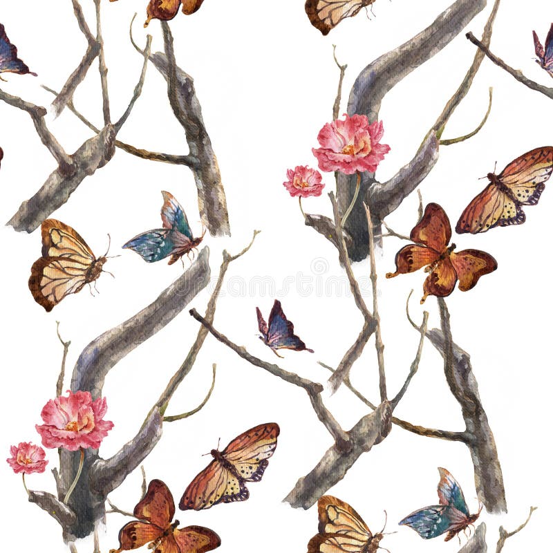 Waterverf het schilderen vlinder en bloemen, naadloos patroon op witte achtergrond vector illustratie Waterverf het schilderen vlinder en bloemen, naadloos patroon op witte achtergrond vector illustratie