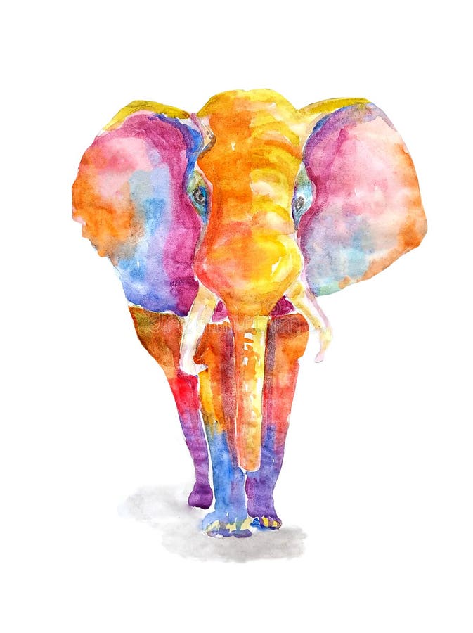 Waterverf kleurrijke olifant op een witte achtergrond Regenboog heldere multicolored grote volwassene van zoogdierillustratie