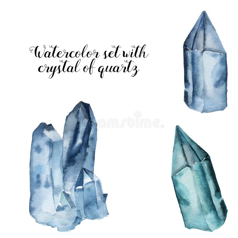 Waterverf met kristal van kwarts wordt geplaatst dat Stenen van de waterverf de blauwe gem geplaatst die op witte achtergrond wor stock illustratie Waterverf met kristal van kwarts wordt geplaatst dat Stenen van de waterverf de blauwe gem geplaatst die op witte achtergrond wor stock illustratie