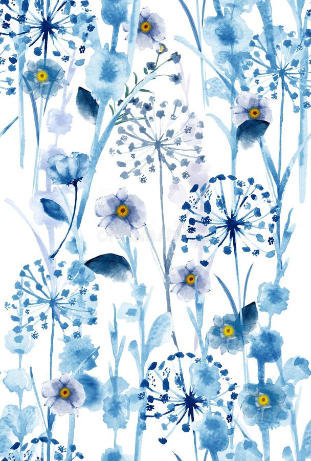Waterverf monotoon in blauw wild bloemenpatroon, gevoelige bloem