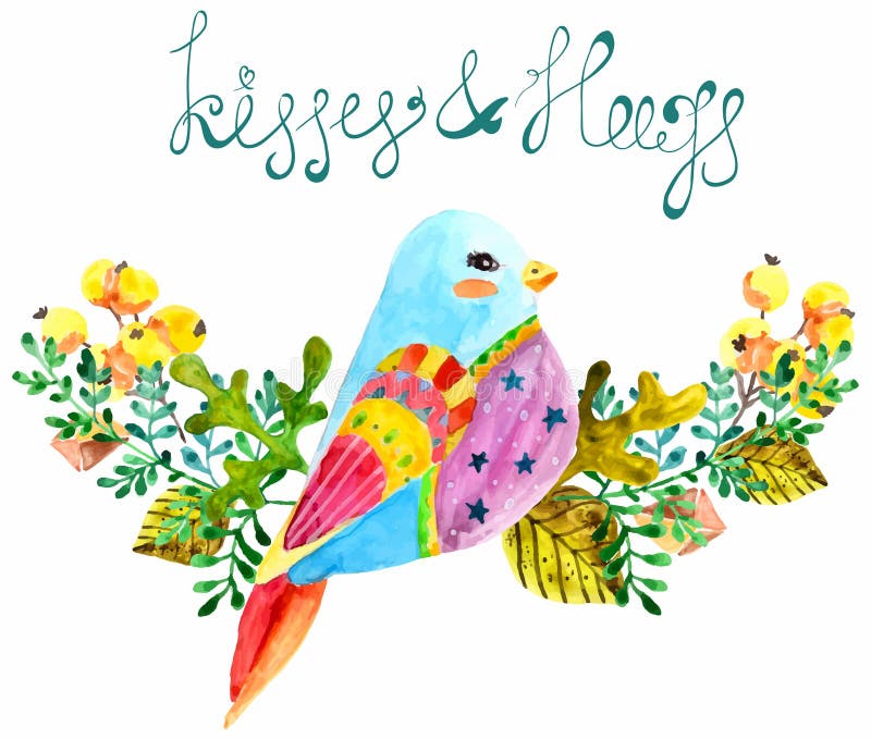 Waterverf mooie vogel en bloemen vector illustratie Waterverf mooie vogel en bloemen vector illustratie