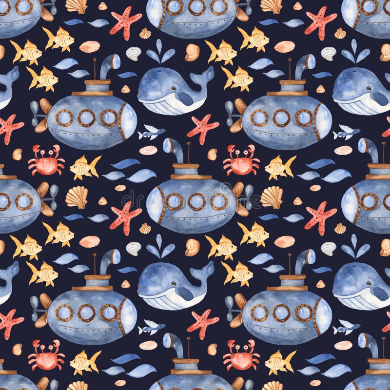 Waterverf naadloos patroon met onderzeese, onderwaterschepselen, zeeschelpstenen vector illustratie Waterverf naadloos patroon met onderzeese, onderwaterschepselen, zeeschelpstenen vector illustratie