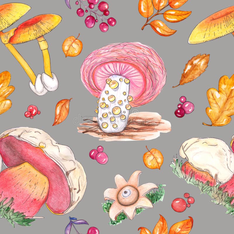 Waterverf naadloos patroon met paddestoelpaddestoelen royalty-vrije illustratie Waterverf naadloos patroon met paddestoelpaddestoelen royalty-vrije illustratie