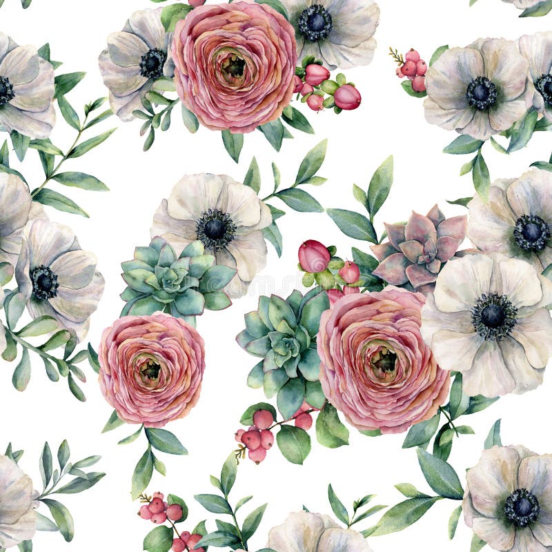 Waterverf naadloos patroon met succulent, ranunculus, anemoon Hand geschilderde bloemen, eucaliptusbladeren en succulent vector illustratie Waterverf naadloos patroon met succulent, ranunculus, anemoon Hand geschilderde bloemen, eucaliptusbladeren en succulent vector illustratie