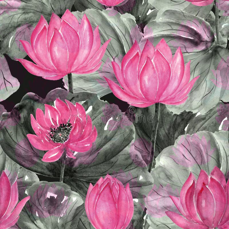 Waterverf naadloos tropisch bloemenpatroon Roze bloemen, grijs - groene bladeren royalty-vrije illustratie Waterverf naadloos tropisch bloemenpatroon Roze bloemen, grijs - groene bladeren royalty-vrije illustratie