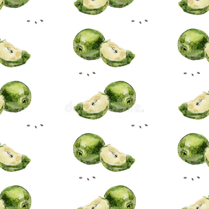 Waterverf naadloze groene appelen als achtergrond en plakken van appelen op een witte achtergrond royalty-vrije illustratie Waterverf naadloze groene appelen als achtergrond en plakken van appelen op een witte achtergrond royalty-vrije illustratie