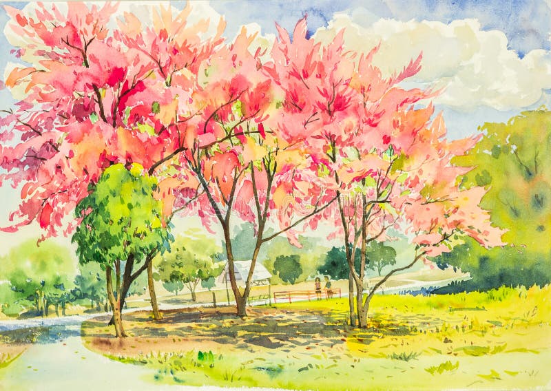 Waterverf origineel landschap die roze kleur van wilde himala schilderen vector illustratie Waterverf origineel landschap die roze kleur van wilde himala schilderen vector illustratie