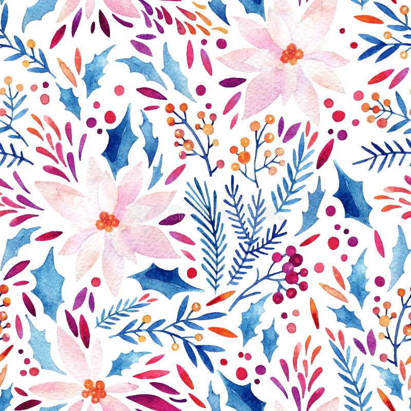 Waterverf overladen bloemen, hulst, zaden, bont-boom takjes naadloos patroon royalty-vrije illustratie Waterverf overladen bloemen, hulst, zaden, bont-boom takjes naadloos patroon royalty-vrije illustratie