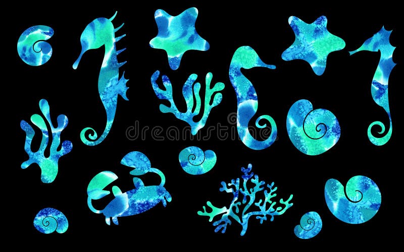Waterverf overzeese elementen, zeester, zeeschelpen, zeepaardje, craband Steenachtige Koralen, geïsoleerde illustratie op zwarte vector illustratie Waterverf overzeese elementen, zeester, zeeschelpen, zeepaardje, craband Steenachtige Koralen, geïsoleerde illustratie op zwarte vector illustratie