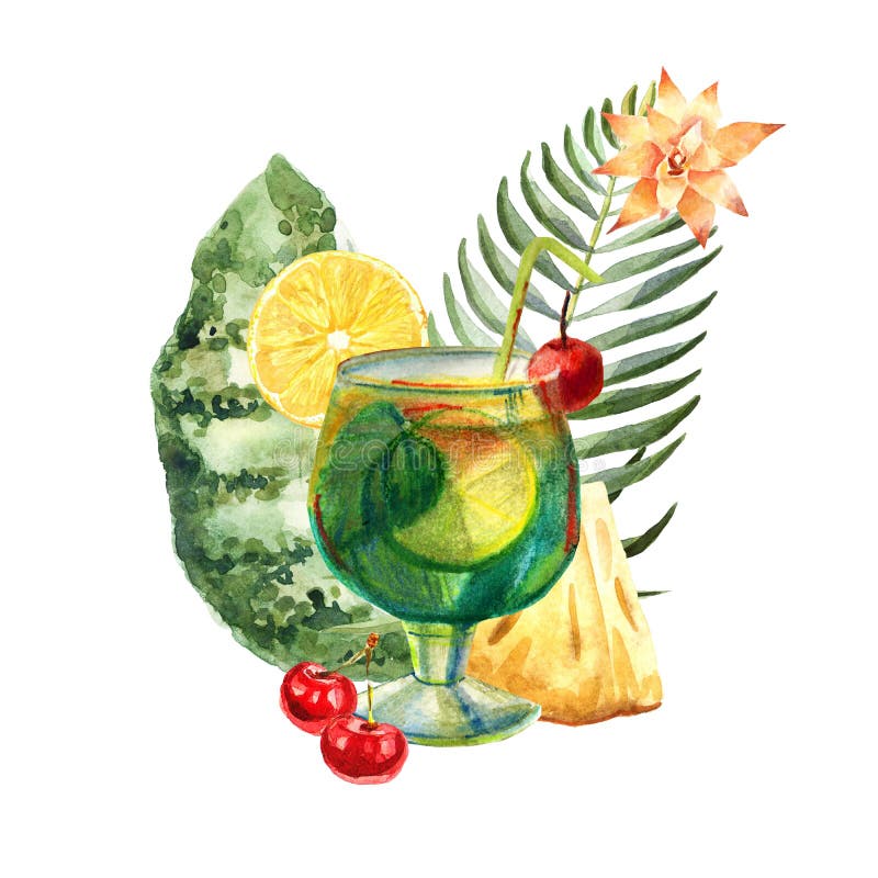 Waterverf tropische illustratie met de zomercocktail, vruchten en bloemen stock illustratie Waterverf tropische illustratie met de zomercocktail, vruchten en bloemen stock illustratie