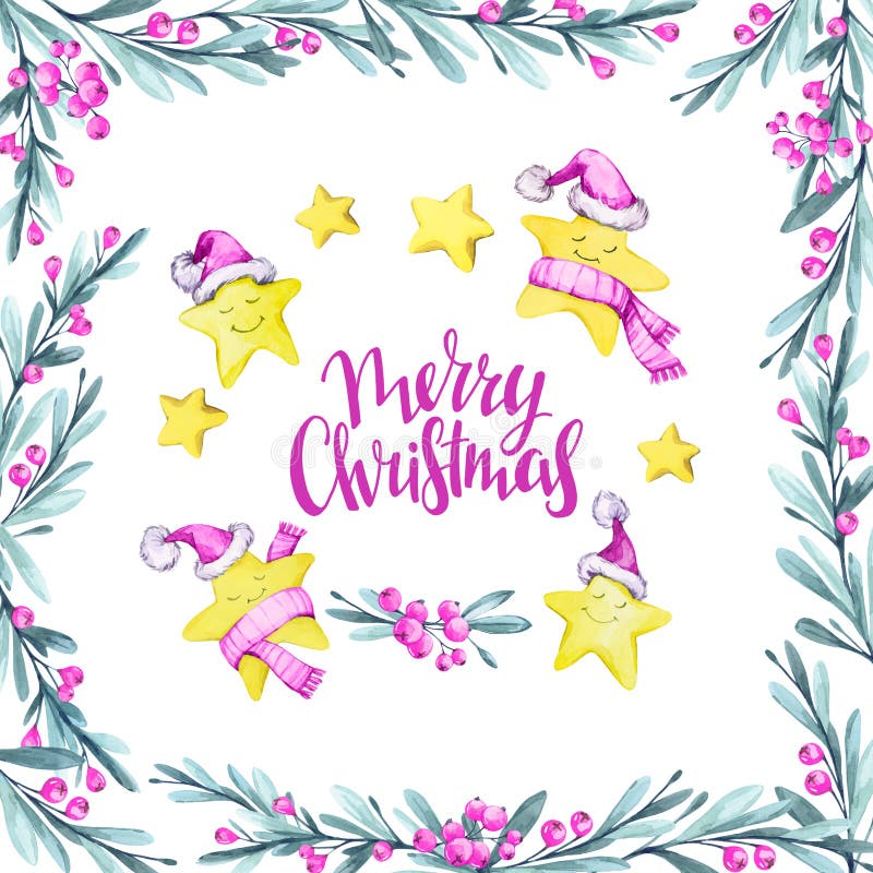 Waterverf vierkant kader met bladeren, bessen en reeks beeldverhaalsterren in warme doeken Nieuw jaar Vrolijke Kerstmis vector illustratie Waterverf vierkant kader met bladeren, bessen en reeks beeldverhaalsterren in warme doeken Nieuw jaar Vrolijke Kerstmis vector illustratie