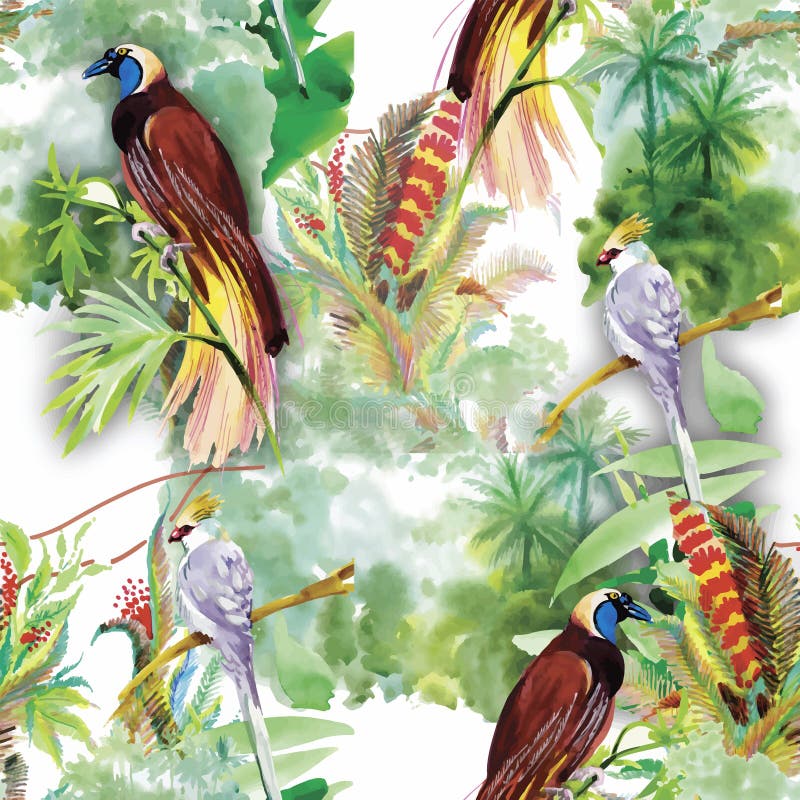 Waterverf Wilde exotische vogels op bloemen naadloos patroon op witte achtergrond vector illustratie Waterverf Wilde exotische vogels op bloemen naadloos patroon op witte achtergrond vector illustratie