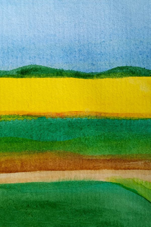Waterverf zonnig landschap met geel zonnebloemengebied op de horizon met blauwe hemel en groene grasweiden vooraan verticaal royalty-vrije illustratie Waterverf zonnig landschap met geel zonnebloemengebied op de horizon met blauwe hemel en groene grasweiden vooraan verticaal royalty-vrije illustratie