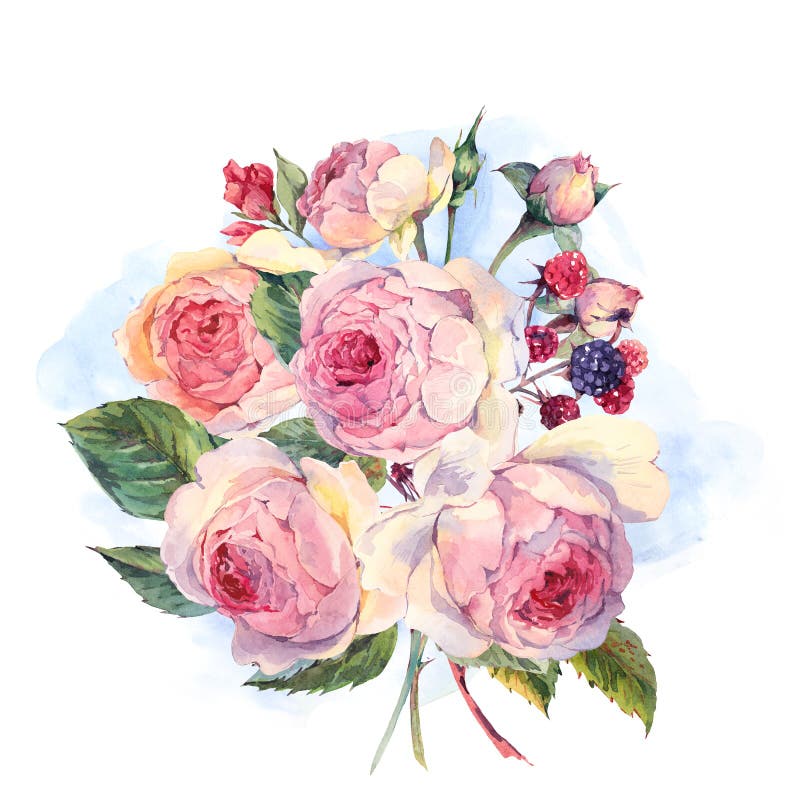 Waterverfboeket van Engelse rosesandwildflowers