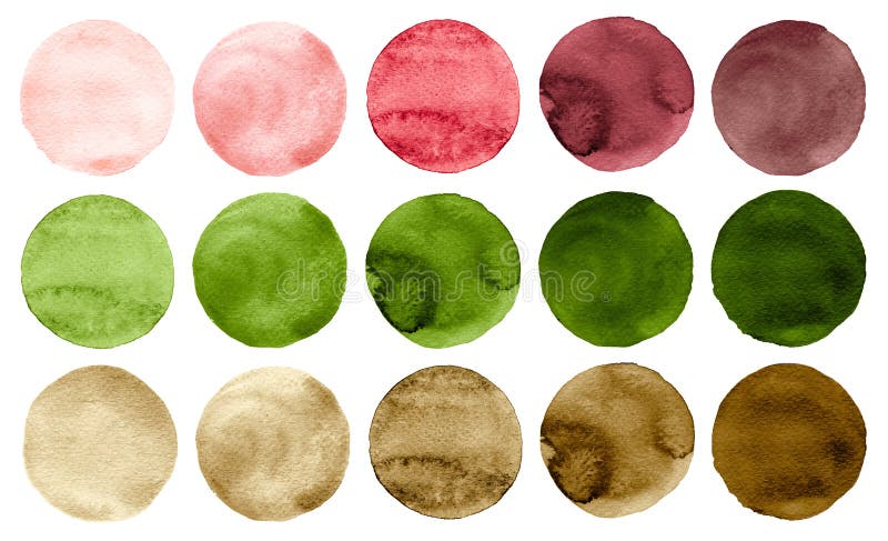Waterverfcirkels in schaduwen van groene, roze, rode en bruine die kleuren op witte achtergrond worden geïsoleerd stock illustratie Waterverfcirkels in schaduwen van groene, roze, rode en bruine die kleuren op witte achtergrond worden geïsoleerd stock illustratie