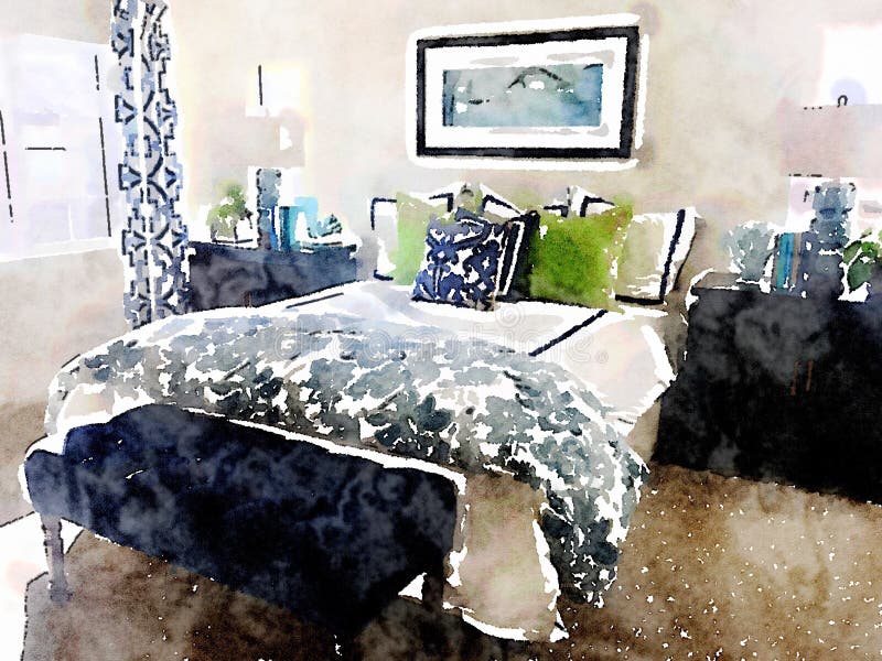 Waterverfillustratie van moderne slaapkamer met bed en homeware decoratie stock illustratie Waterverfillustratie van moderne slaapkamer met bed en homeware decoratie stock illustratie