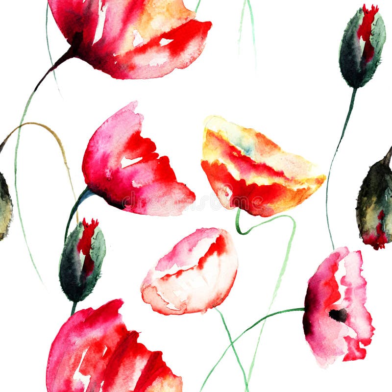 Watercolor illustration of Poppy flowers, seamless background. Watercolor illustration of Poppy flowers, seamless background