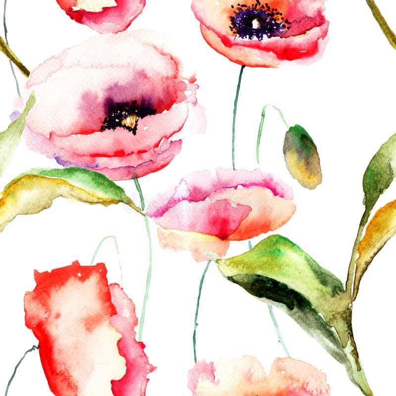 Watercolor illustration of Poppy flowers, seamless background. Watercolor illustration of Poppy flowers, seamless background