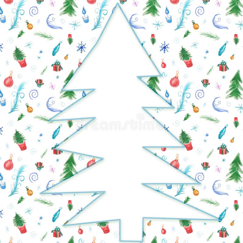 Waterverfillustratie voor het decor van de de wintervakantie met Kerstmisbomen, sneeuwvlokken, giften en ballen royalty-vrije illustratie Waterverfillustratie voor het decor van de de wintervakantie met Kerstmisbomen, sneeuwvlokken, giften en ballen royalty-vrije illustratie