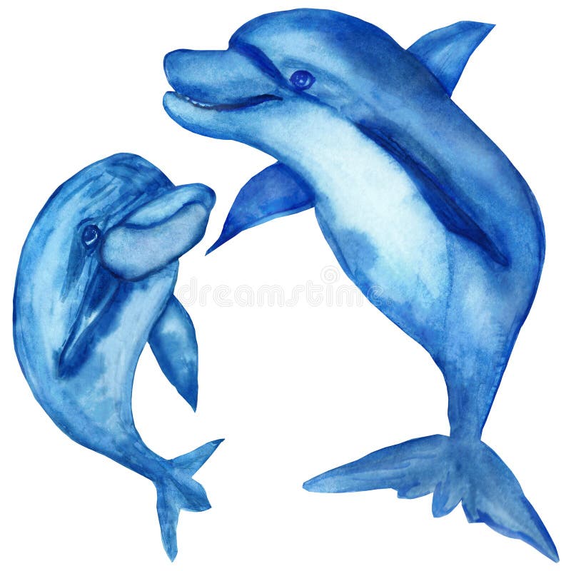 Waterverfillustraties, grappige blauwe die dolfijnen, mamma en baby op witte achtergrond worden geïsoleerd royalty-vrije stock fotografie Waterverfillustraties, grappige blauwe die dolfijnen, mamma en baby op witte achtergrond worden geïsoleerd royalty-vrije stock fotografie