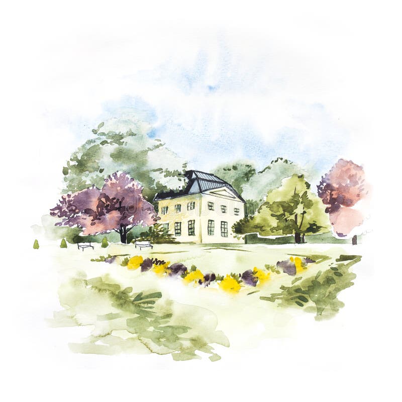 Waterverflandschap met blauwe hemel, wolken, groene open plek met struiken en bomen, met huis Hand getrokken Europese aard vector illustratie Waterverflandschap met blauwe hemel, wolken, groene open plek met struiken en bomen, met huis Hand getrokken Europese aard vector illustratie