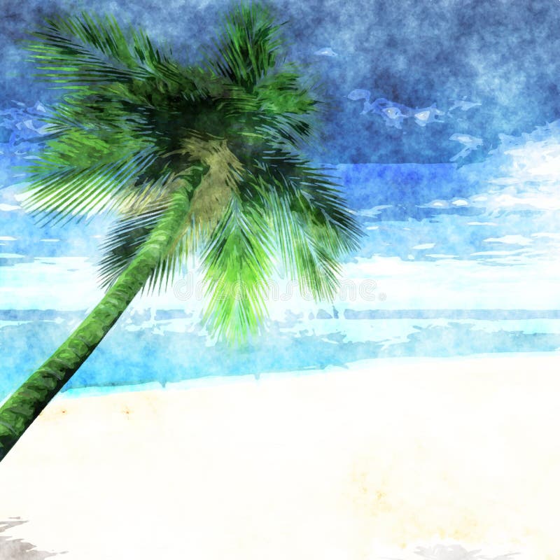 Waterverfpalm op strand stock illustratie Waterverfpalm op strand stock illustratie