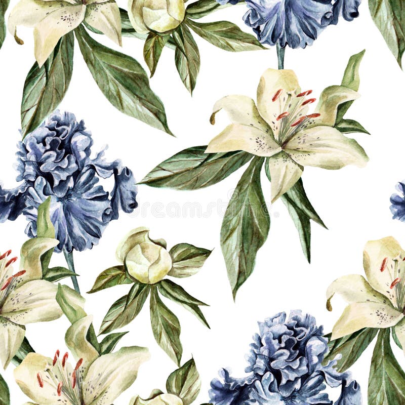 Waterverfpatroon met bloemeniris, pioenen en lelies, knoppen en bloemblaadjes vector illustratie Waterverfpatroon met bloemeniris, pioenen en lelies, knoppen en bloemblaadjes vector illustratie