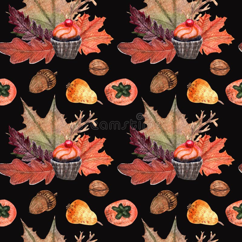 Waterverfpatroon van cupcakes Halloween en noten, vruchten royalty-vrije illustratie Waterverfpatroon van cupcakes Halloween en noten, vruchten royalty-vrije illustratie