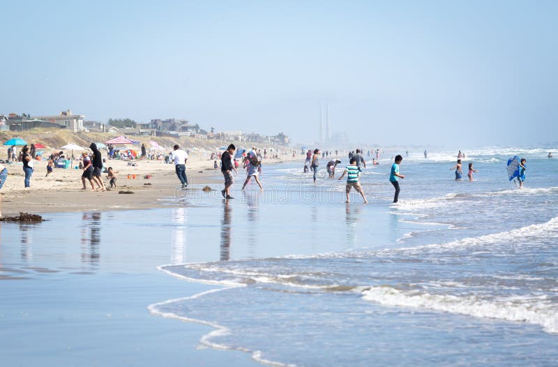 Watsonville, California / USA - July 12,  2020: Crowded beach at Sunset State beach in Watsonville, California during covid pandem