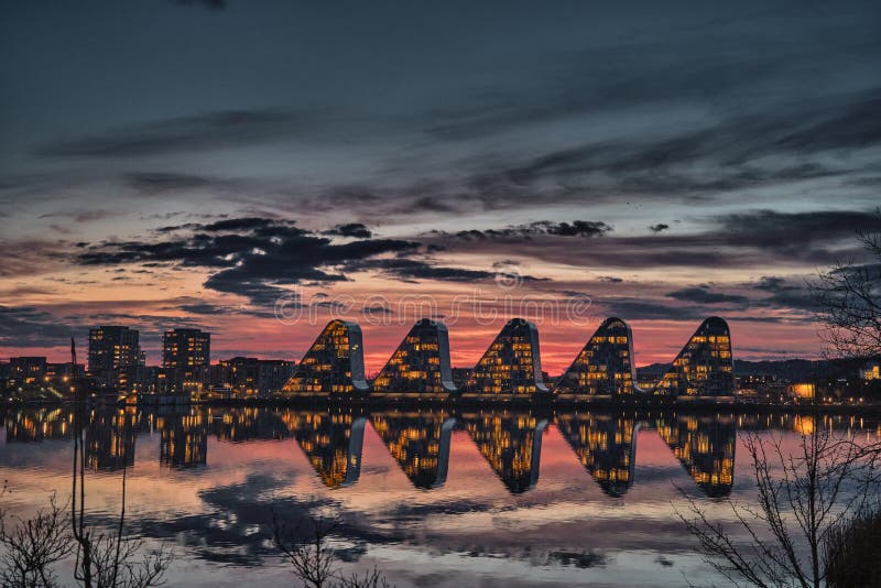 The Wave Boelgen Iconic Modern Apartments in Vejle, Denmark Stock Photo