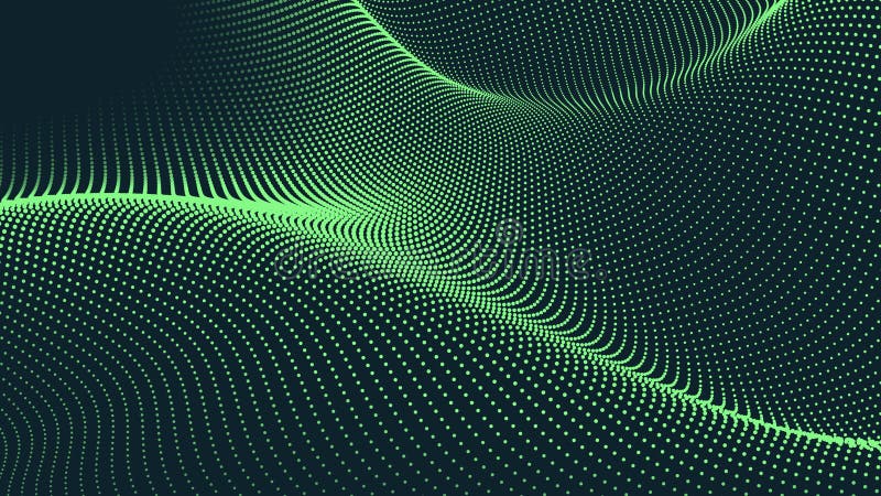 Wave of flowing particles on a dark background. Abstract backdrop with dynamic elements of waves and dots. Vector stock images