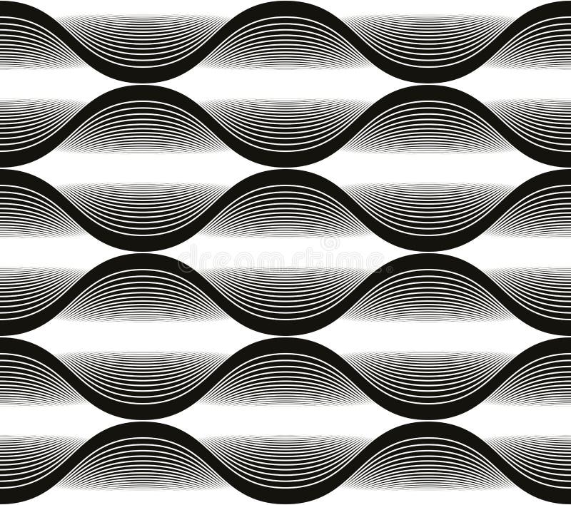 Wave lines seamless pattern, abstract geometric black and white vector illustration