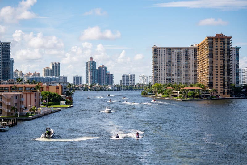 Wave runners and boats in the Intracoastal Waterway Miami FL USA