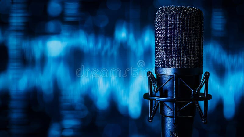 Waveform pattern microphone with blue background banner. Great for podcasting and recording studios. stock images