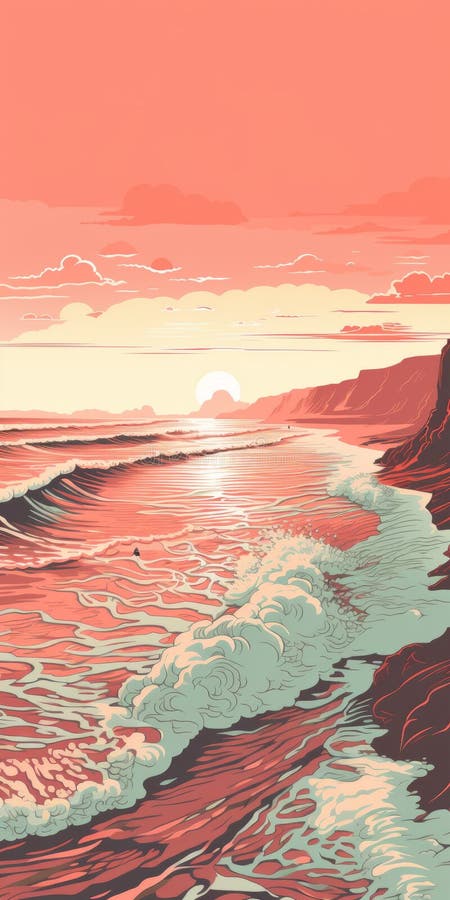 Mid-century Illustration: Sunset On Beach With Pink Sea royalty free illustration