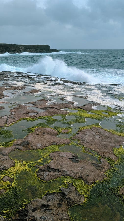 Waves crashing on cliffs on Ireland Aran Islands, Inishmore Inis Mor with green algae. Waves crashing cliffs stock images, royalty-free photos and pictures