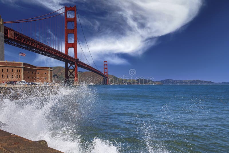 Waves Crashing by the Iconic Golden Gate Bridge in San Francisco, CA