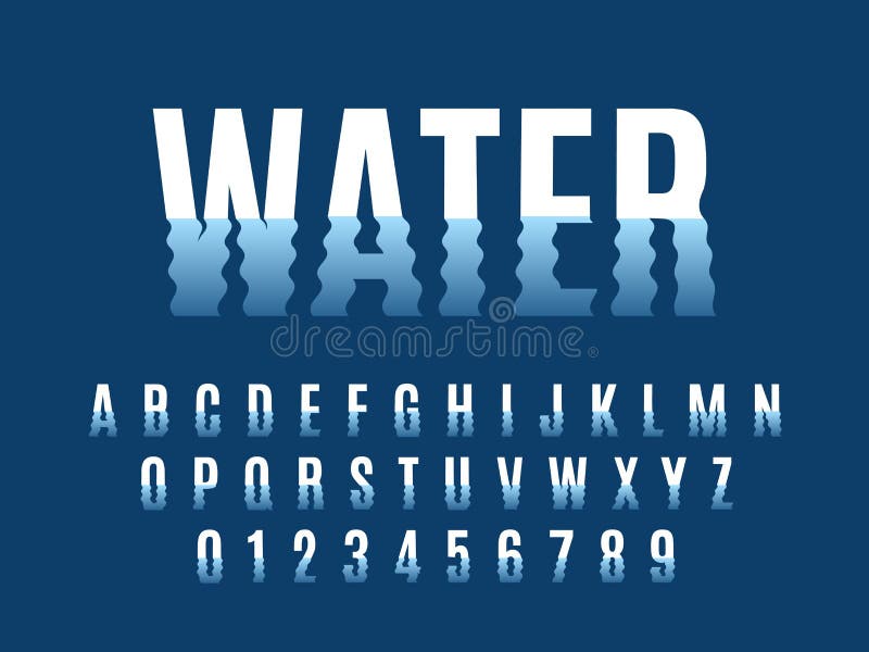 Waves font. Ripple water reflexes english alphabet, wavelike letters and numbers distortion, liquid deformation simple