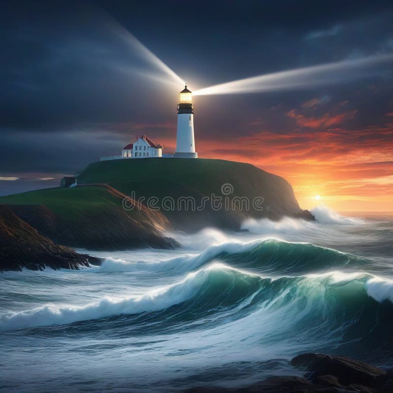 Waves hitting a lighthouse at seascape with a gloomy dramatic stock photo