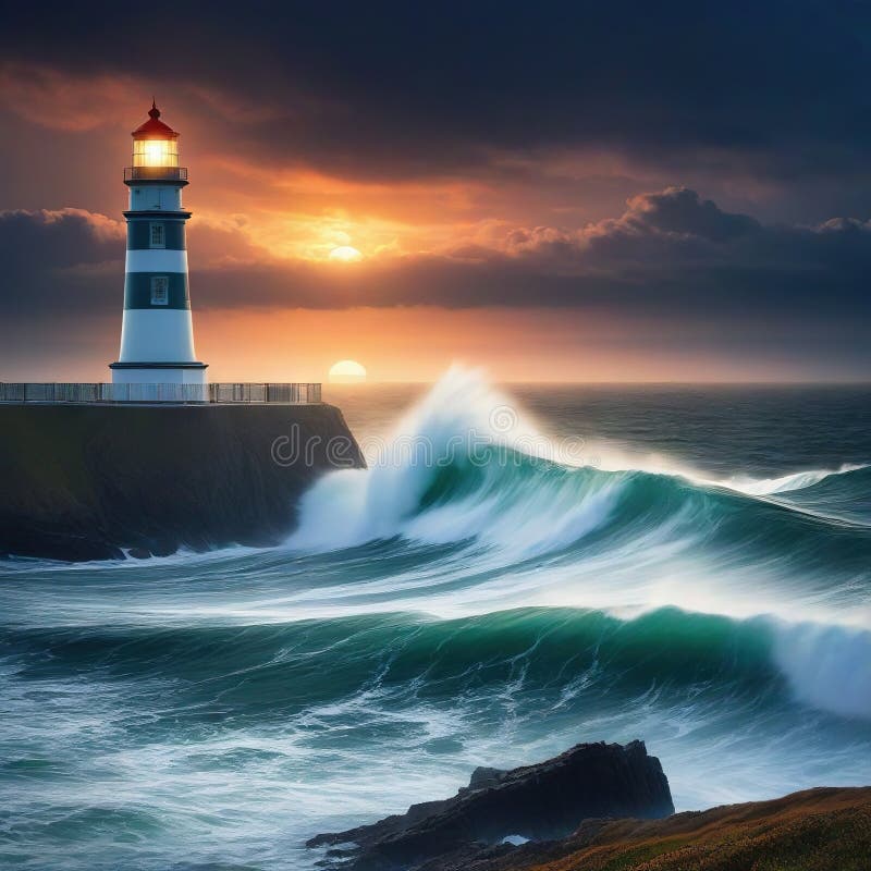 Waves hitting a lighthouse at seascape with a gloomy dramatic stock photography