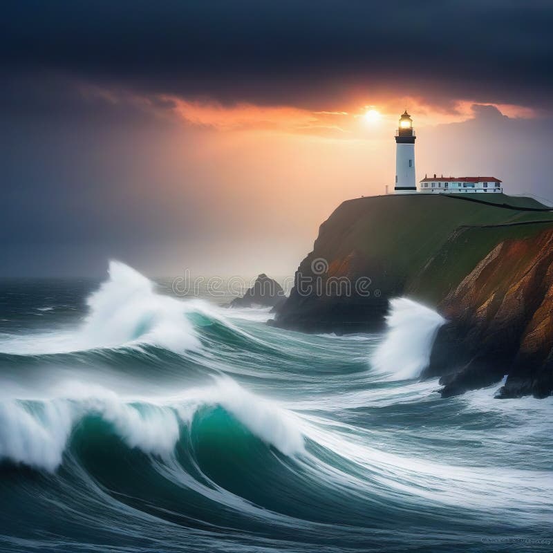 Waves hitting a lighthouse at seascape with a gloomy dramatic royalty free stock photo