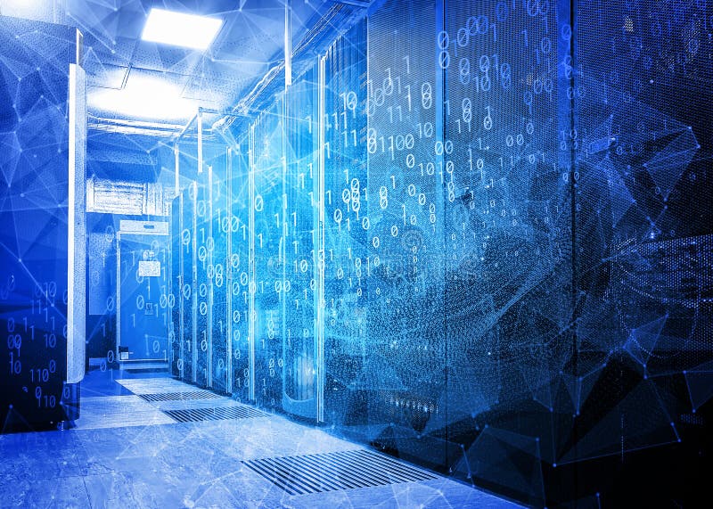 Waves of information flows with triangles and particles in the server room of the data center. The concept of hacker attacks and d stock images