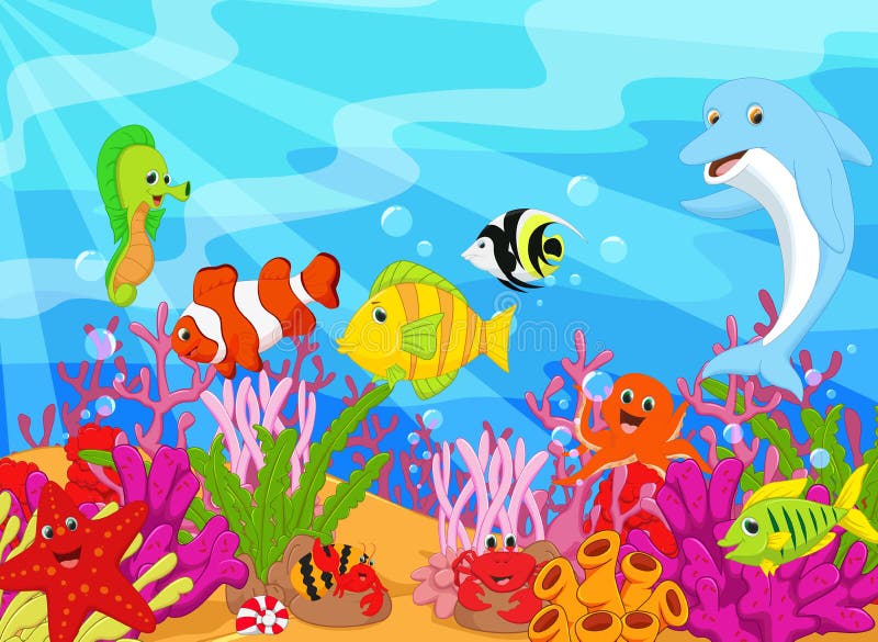Waving cartoon dolphin underwater life set royalty free illustration