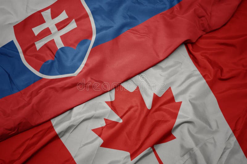 Vlající barevná vlajka Kanady a státní vlajka slovenska