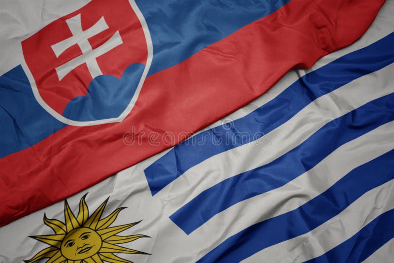 Mávání barevnou vlajkou uruguaye a státní vlajkou slovenska