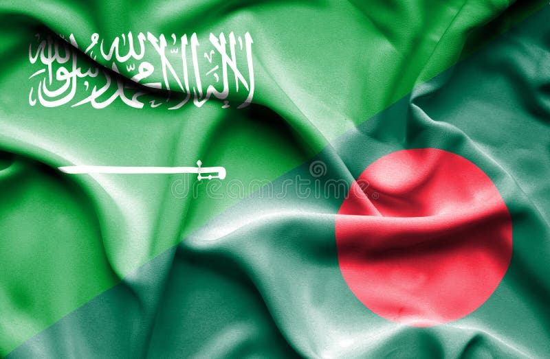 Bangladesh and Saudi Arabia Flag Waving in the Wind Against White Cloudy Blue Sky Together