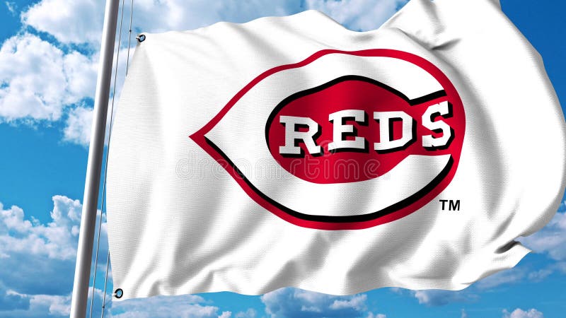 Waving flag with Cincinnati Reds professional team logo. Editorial 3D rendering